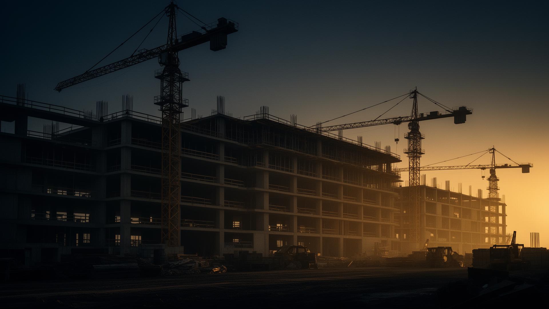 Obra de engenharia civil ao entardecer
